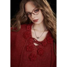 ELFSACK Y2K Design Loose Solid 3D Rose Drawstring Tie Sweater For Women