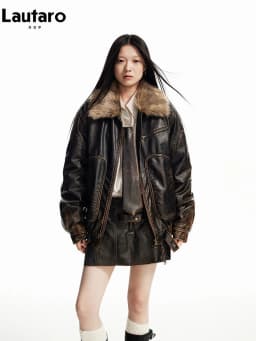 Lautaro Spring Autumn Cool Handsome Vintage Distressed Brown Pu Leather Jacket Women Faux Fur Collar Luxury Designer Clothing