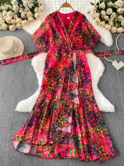 Summer Women Red/White/Yellow Floral Printed Irregular Ruffle Long Dress Vintage V-Neck Puff Sleeve Elegant Dress With Belt New