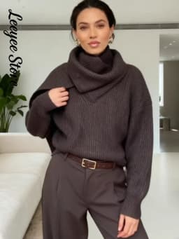 Solid Turtleneck Knit Short Pullover Women Chic Scarf Collar Full Sleeves Loose Warm Sweater 2026 Lady Daily Street Pullovers