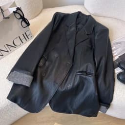 Women Faux Leather Suit Coats Solid Jacket Turn Down Collar Long Sleeve Double Breasted Loose Fit Office Lady Casual 2026 Autumn