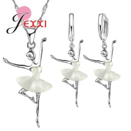 Elegant 925 Sterling Silver Ballet Dance Girl Pendant Necklace Earrings Set for Women Girls Wedding Party Fashion Jewelry Gifts