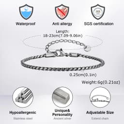 Vnox Slim 2.5mm Snake Links Bracelets for Men Teens, Adjustable Stainless Steel Twisted Chain Bracelets, Simple Metal Jewelry