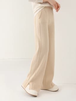 Women Wool Wide Leg Pants Threaded Elastic Waist Cashmere Trousers Autumn Winter 100% Merino Wool Knitted Soft Slit Design Pants