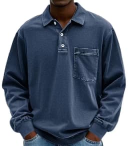 American Style Retro Old Dark Grey Long Sleeve Polo Shirt Loose Lapel Pocket Design Casual All-match Heavy Top for Men