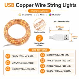 Constant On USB Fairy String Lights, Bendable Copper Wire Mini LED Lights for Indoor Room, Photo Wall, Curtain, Holiday Setup