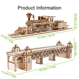 Ury 3D Wooden Puzzle Retro Steam Train with Track Railway Bridge Handmade Assembly Truck Model DIY Toys Decoration Gift for Kids