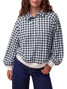 2026 Women Black White Gingham Blouse Lapel Collar Half Button Lantern Long Sleeve Loose Casual Plaid Shirt Tops
