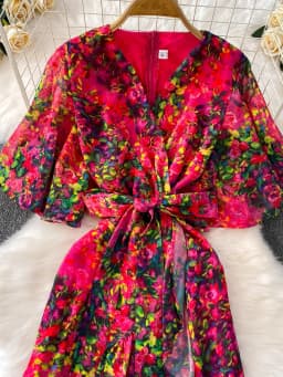 Summer Women Red/White/Yellow Floral Printed Irregular Ruffle Long Dress Vintage V-Neck Puff Sleeve Elegant Dress With Belt New