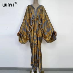 Sexy Beach High-Quality Hand-Rolled Feel Silk Rayon Fashion Print 2021 WINYI Maxi Women's Robes Long Beach V-Neck Bohemian Dress