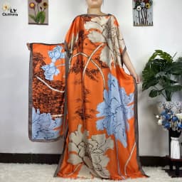 2023 New African Fashion Short Sleeve Colored Pattern Dubai Women Summer Real Silk Soft Printing Loose Tradition Muslim Dress