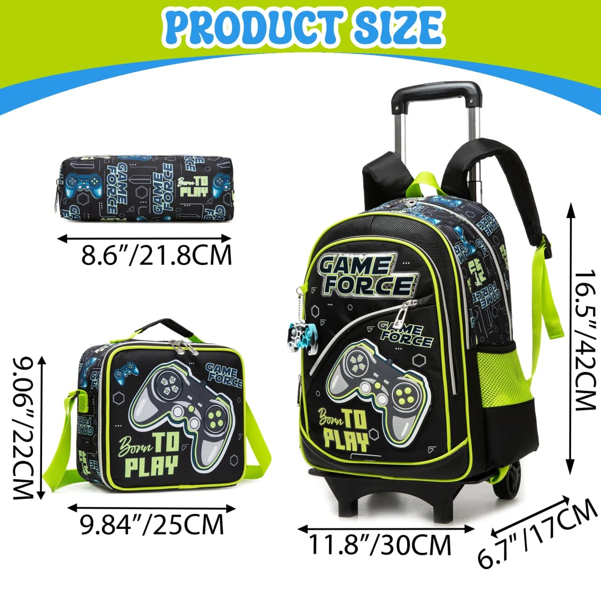 Bunnyfly Boys Rolling Backpack with Lunch Bag And Pencil Case - Wheeled Travel Trolley School Bag Stylish And Functional for Tra