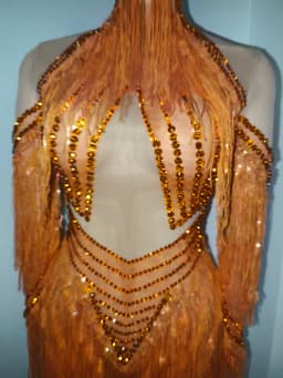 Sparkly Diamond Orange Tassel Long Sleeves Mesh Transparent Dress Women Latin Dance Outfits Bar Nightclub Party Club Stage Wear