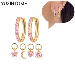 925 Sterling Silver Needle Pink Crystal Heart Hoop Earrings for Women Fashion Geometric Pendant Earrings Luxury Jewelry Gifts