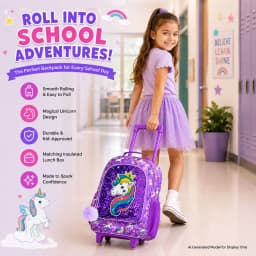 3-Piece Rolling Backpack for Girls and Children Roller Bag with Lunch Bag and Pen Bag Design of Unicorn Pattern Luminous Functio