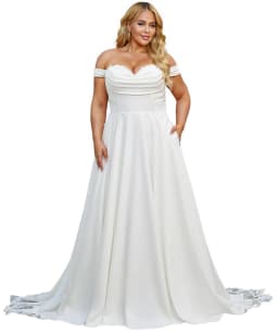 Elegant Off Shoulder Satin Wedding Dresses for Bride with Pockets Corset A Line Bridal Gown with Train