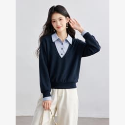 VIMLY Fake Two-piece Striped Collar Sweatshirt for Women 2026 Autumn Coffee Color Commute Casual Loose-fit Female Pullover A7577