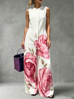UOOZEE Women's Elegant Chic Big Rose Printed Sleeveless Jumpsuits 2026 New Loose Pockets High Waisted Wide Leg Casual Romper