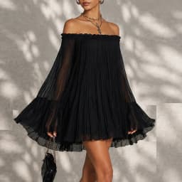 Vintage Solid Off Shoulder Mini Dress Pleated Sheer Flared Long Sleeve Ruffle Trim Loose Flowy Dress Summer Travel Party Dresses