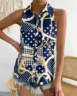 Women Sleeveless Halter Neck Button Down Blouse With Vibrant Swirl Abstract Print Perfect For Summer Beach Vacations Casual Outi