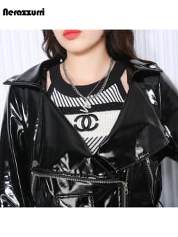Nerazzurri Autumn Long Fitted Reflective Shiny Soft Stretchy Black Patent Faux Leather Biker Coat Women Zipper European Fashion