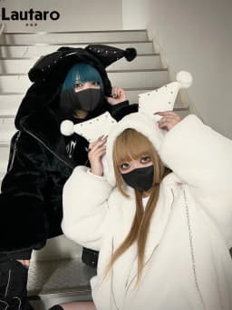 Lautaro Winter Oversized Warm Thick White Faux Fur Coat Women with Hood Sweet Cute Kawaii Japanese Style Fashion Fluffy Jacket