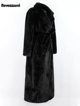 Nerazzurri Winter Extra Long Purple Black Thick Warm Soft Fluffy Faux Fur Coat Women Sashes Double Breasted Furry Overcoat 2022
