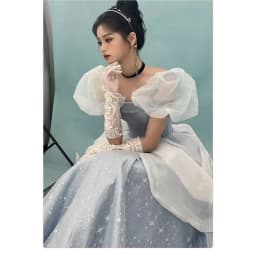 Blue Fairy T Princ Evening Gown with Bubble Sves Sparkling Long Ball Dr for Women Ele Lady's Par Dr