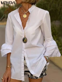 White Shirt Women Solid Color Flare Sleeve Shirts Spring Tops 2025 VONDA Sexy V Neck Button Up Office Shirts Femininas Blusas