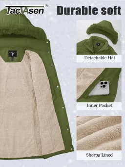 TACVASEN Womens Fleece Long Padding Winter Jacket Down Puffer Outwear with Removable Hood Waterproof Windproof Thicken Park Coat