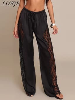 Casual Lace Satin Patchwork Pants Women See Through High Waist Lace Up Straight Trousers 2026 Spring Lady Solid Chic Trouser