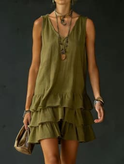 2026 Summer Casual Simple Solid Color Dress Women's Elegant Solid Color V-Neck Sleeveless Loose Layered Ruffle Edge Vest Dress