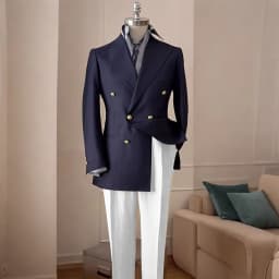 Timeless Men's Navy Blue Double Breasted Suit Summer Breathable Casual 2Piece Set Jacket+Yellow Linen Pants Wedding Groom Attir