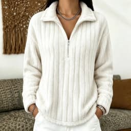 Women's Autumn Winter Turn Collar Ribbed Fleece-lined Warm Zip-up Long-sleeved Sweatshirt
