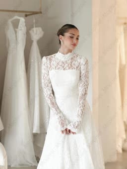 Elegant Wedding Dresses High Neck Long Sleeve A Line Lace Bride Dress for Women Sweep Train White Church Bridal Gown Customized