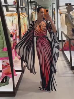 Women Pink Orange Gradient Cape Sleeve Maxi Dress Sexy Halter Neck Cutout Flare Sleeve Gown 2026 Ladies Vacation Party Outfits