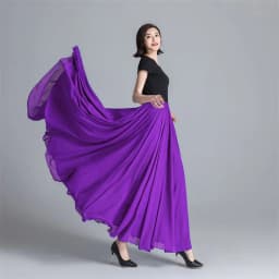 Women Double Chiffon Skirt Have-Liner Stage Performance Big-Hem Skirts Square Dancing Elastic-Waist Elegant A-Line Maxi Skirts
