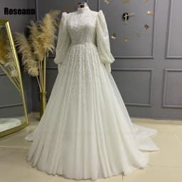 Muslim Exquisite A-line Wedding Dresses Draped Pleat Paillette Applique Lace Brush Train Floor Length Bride Dress robe de mariée