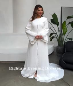 Eightale Arabic Wedding Dress Customized Ivory Satin Appliques Lace Muslim Long Sleeves Buttons Bridal Gown Bride Party Dress
