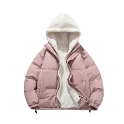 Man Winter Jacket Loose-fit Thickened Warm Cotton Coat Fleece Hood Men Trendy Cotton Padded Jacket Fake Two-piece Pink Couple