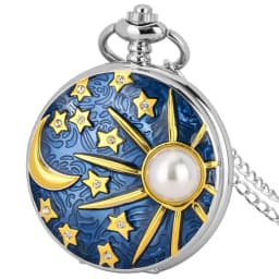 New Relief Sea Blue Star and Moon Quartz Necklace Inlaid with Pearl Silver Pocket Watch Pendant Chain for Male and FemaleStudent