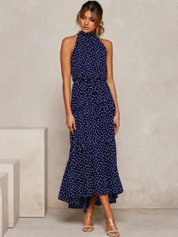 Women's Halter Neck Maxi Dress - Floral Print Boho Chic Smocked Waist Summer Beach Dress for Vacation Casual Wear