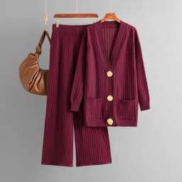 Autumn/winter Casual Women's Knitted Pants Set V-neck Long Sleeved Single Breasted Knitted Sweater Cardigan+ Wide Leg Pants
