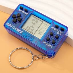 Blue Mini Retro Handheld Game Console Keychain Cute Backpack Pendant with Bells Novelty Gaming Keyring