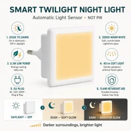 Melery LED Night Light Twilight Sensor 0.3W Warm White 3000K 40lm EU Plug Socket Lamp 230V Children's Table Home Stairs Aisle