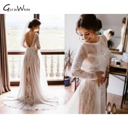 Bohemian customized Split Wedding Dresses Lace Sheath Bride Robes Full Sleeves Backless Bridal Gowns Beach Vestido De Noiva