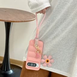 Cartoon Sunflower Down Jacket Lanyard Phone Case for Google Pixel 5 6 7 8 9 10 Pro 9A 7A 6A 5A Hand Wrist Strap Soft TPU Cover