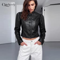 Cropped PU Leather Women's Jackets Coats Puff Sleeve Single Breasted Coat Button Slim Fit Short Jacket Vintage Lady Outerwear