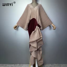 WINYI New Pleated Slim High-Fork Dress for Women Fashion Beach Cover-Up Muslim Kaftan Abaya Dubai Luxury Long Evening Gown