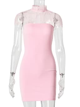 JULISSA MO Sexy Strapless Turtleneck Lace Women Mini Dress Sleeveless See Through Dress Summer Skinny Elegant Party Club Dresses